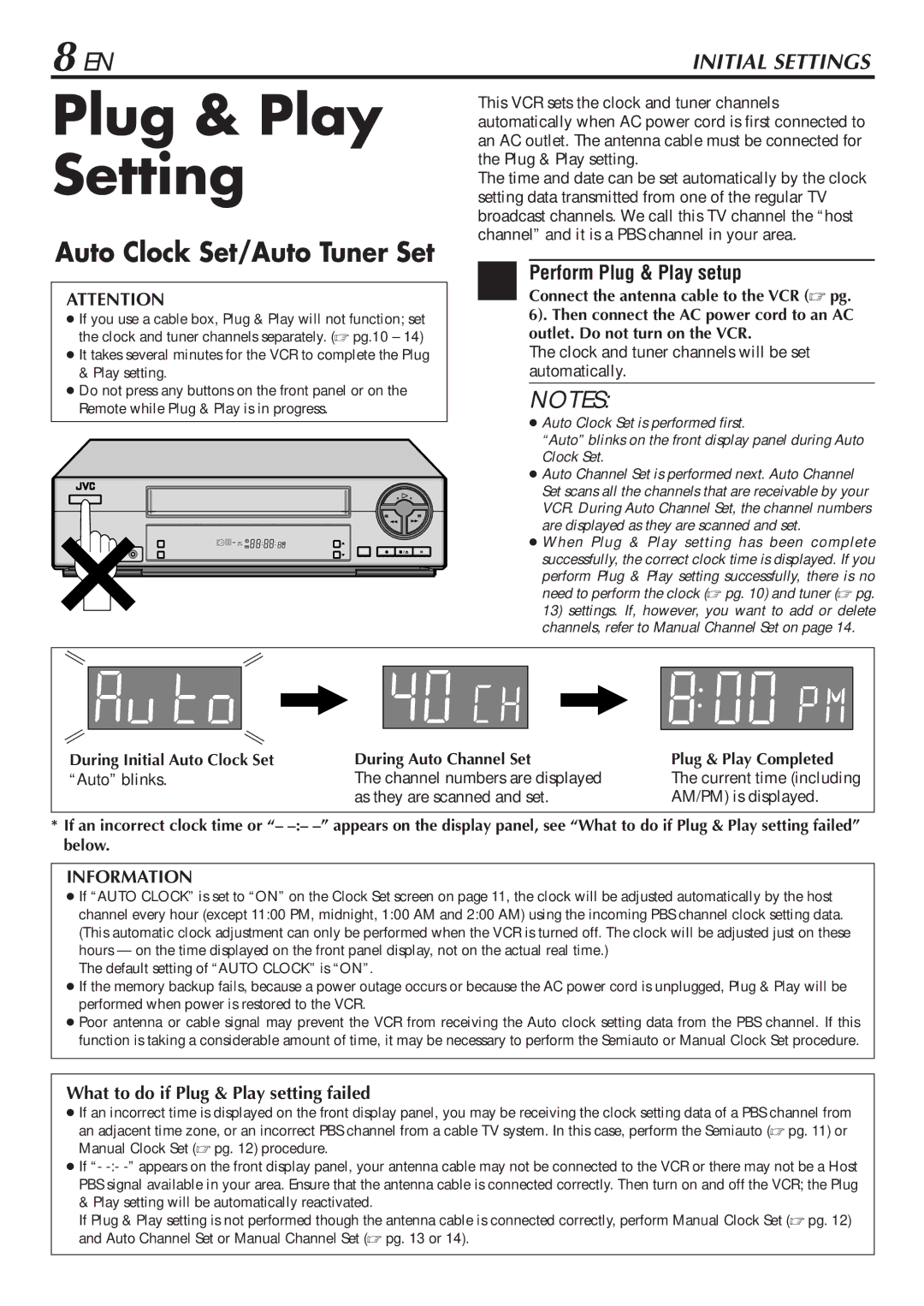 JVC LPT0345-001B manual Plug & Play Setting, Perform Plug & Play setup, Clock and tuner channels will be set automatically 