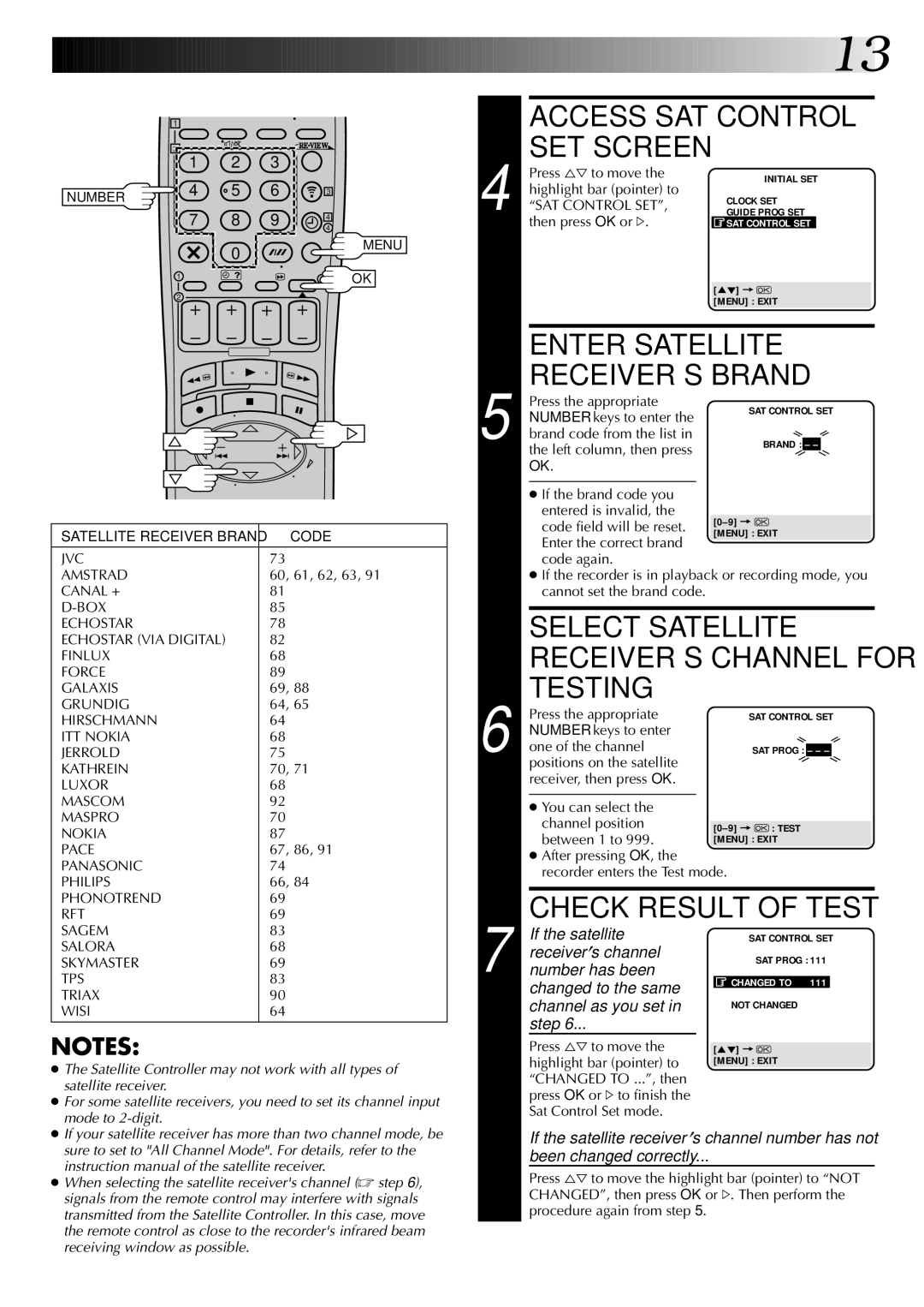 JVC SR-VS20EK Enter Satellite RECEIVER’S Brand, Select Satellite RECEIVER’S Channel for Testing, Check Result of Test 