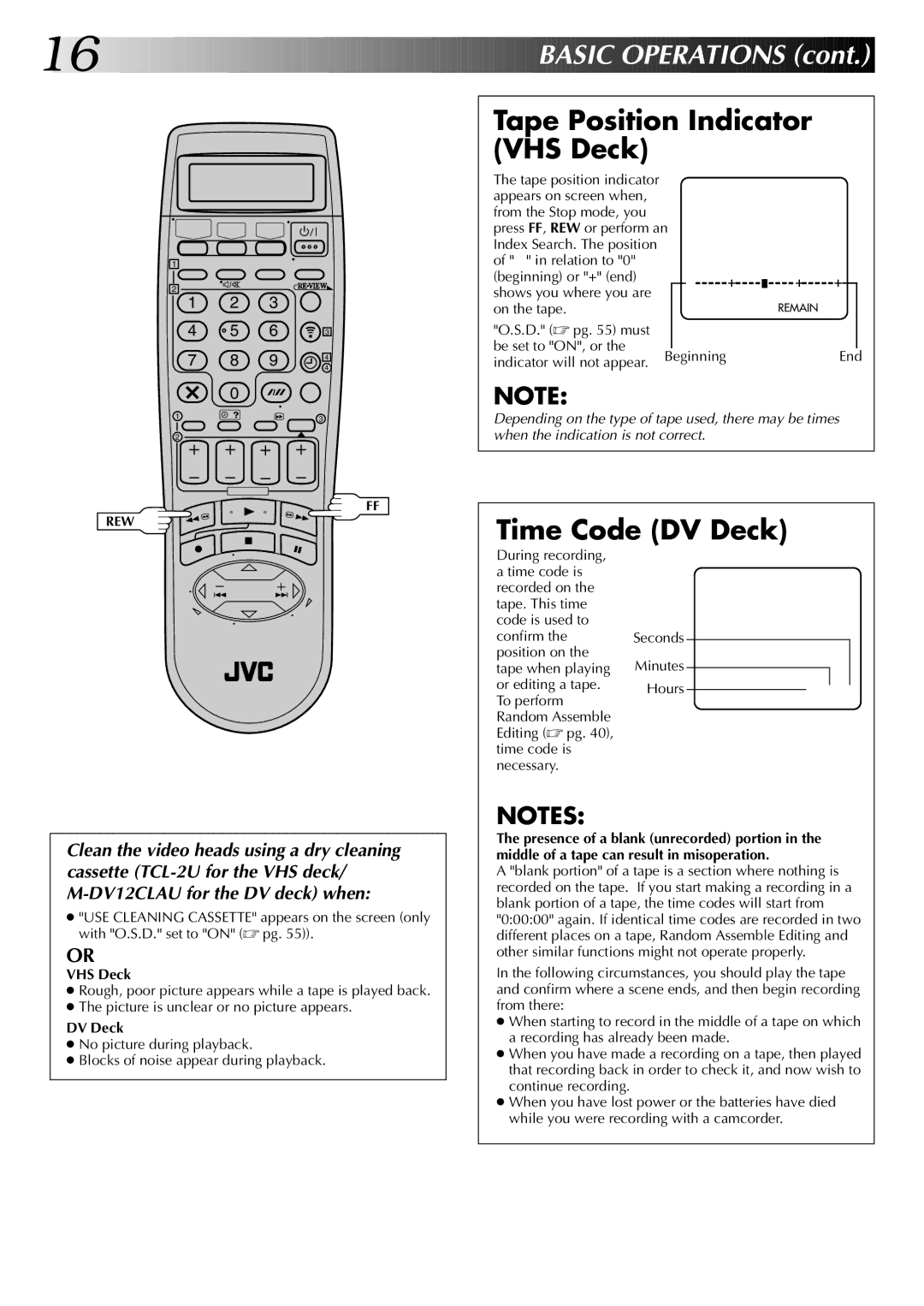 JVC LPT0543-001A, SR-VS20EK setup guide Tape Position Indicator VHS Deck, Time Code DV Deck 