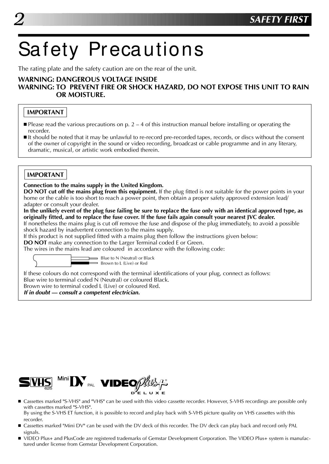 JVC LPT0543-001A, SR-VS20EK setup guide Safety Precautions, Connection to the mains supply in the United Kingdom 