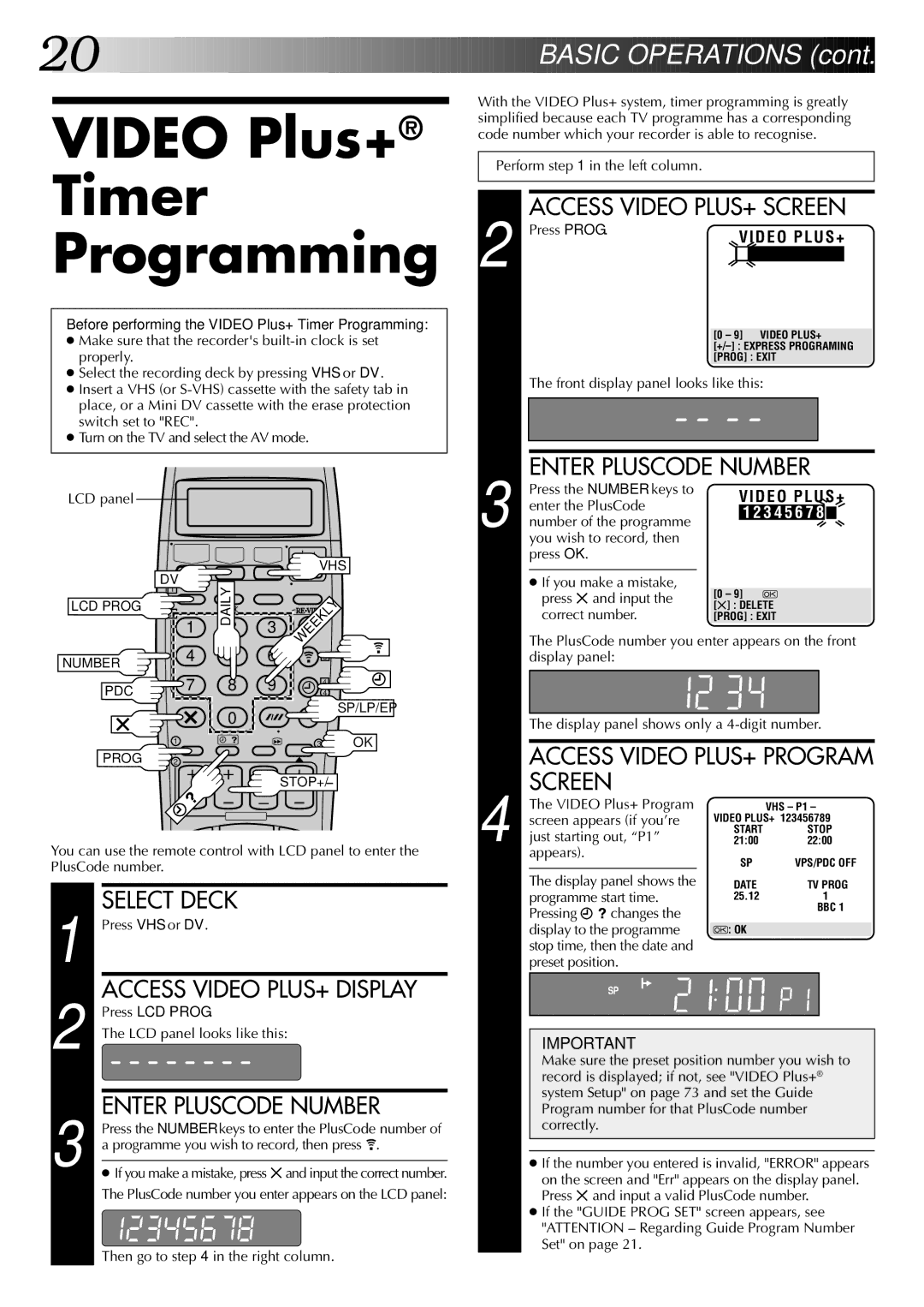 JVC LPT0543-001A, SR-VS20EK setup guide Video Plus+ Timer Programming 