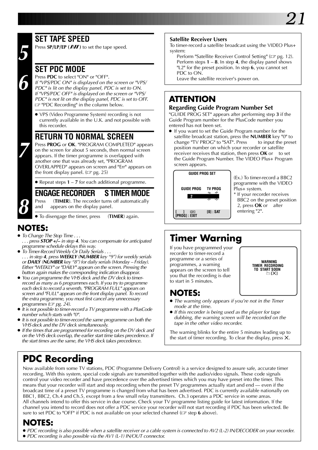 JVC SR-VS20EK, LPT0543-001A setup guide Timer Warning, PDC Recording, Satellite Receiver Users 