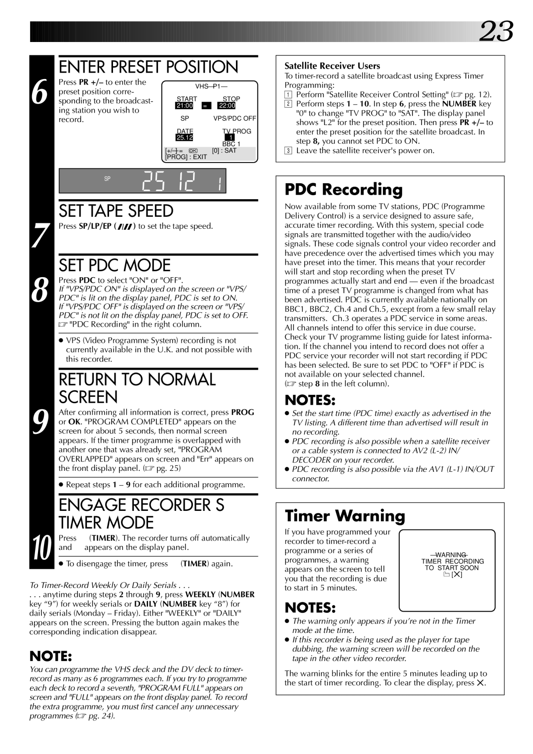 JVC SR-VS20EK, LPT0543-001A setup guide SET PDC Mode, Return to Normal, Screen, Engage RECORDER’S, Timer Mode 