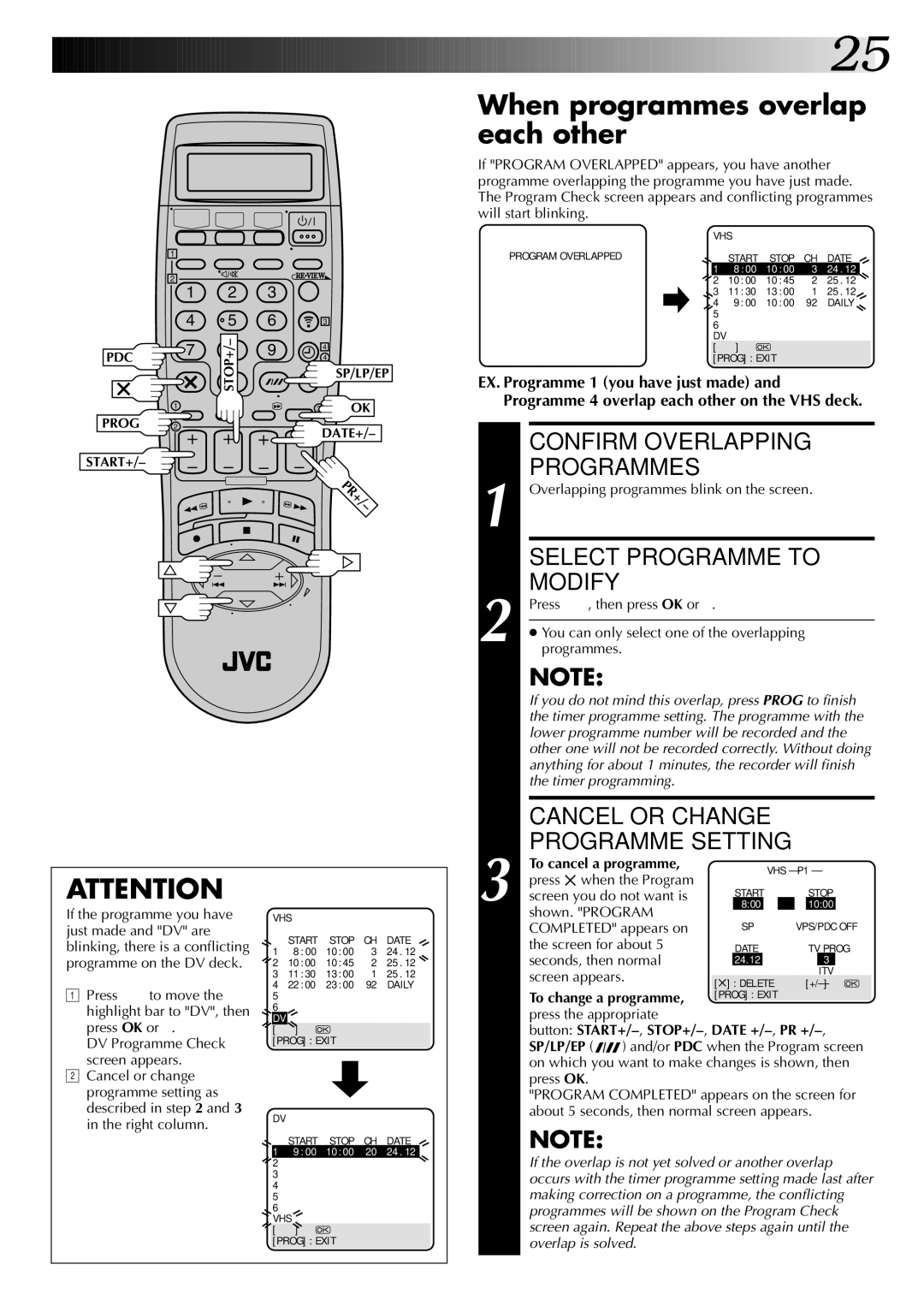 JVC SR-VS20EK, LPT0543-001A setup guide When programmes overlap each other, EX. Programme 1 you have just made, Sp/Lp/Ep 