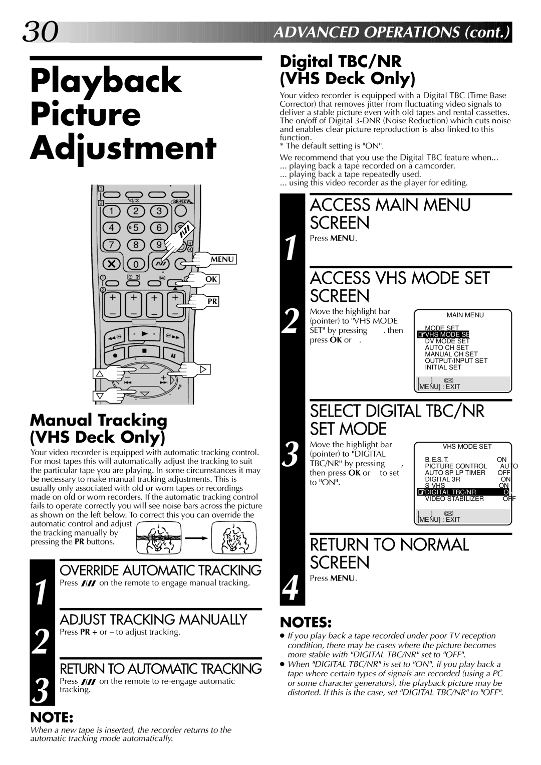 JVC LPT0543-001A, SR-VS20EK Playback Picture Adjustment, Manual Tracking VHS Deck Only, Digital TBC/NR VHS Deck Only 