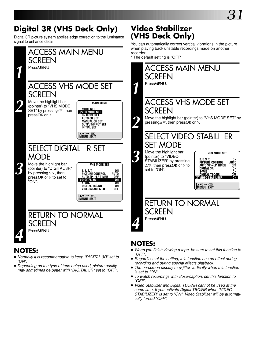 JVC SR-VS20EK, LPT0543-001A setup guide Digital 3R VHS Deck Only, Video Stabilizer VHS Deck Only 