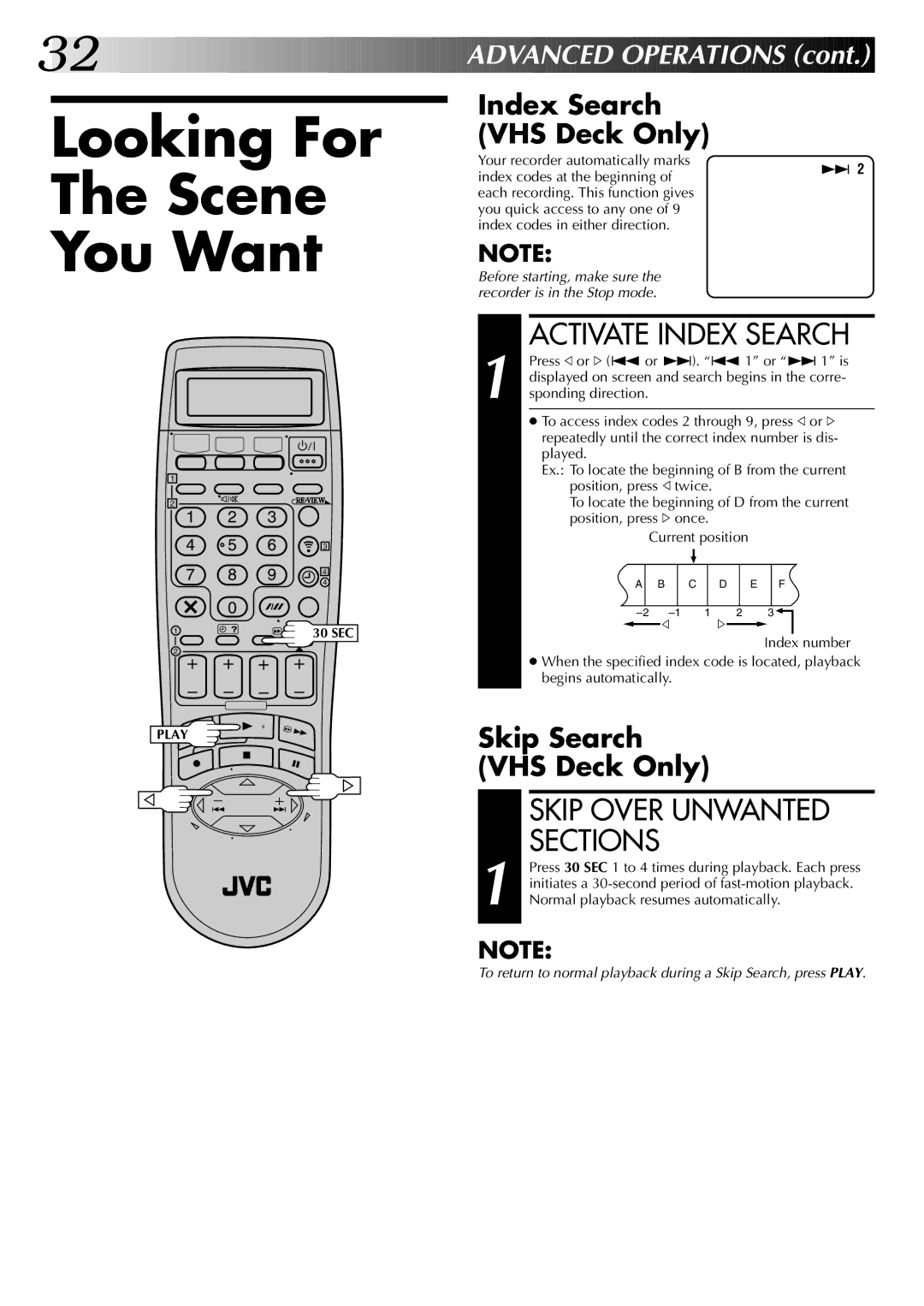 JVC LPT0543-001A, SR-VS20EK setup guide Looking For Scene You Want, Activate Index Search, Skip Over Unwanted, Sections 