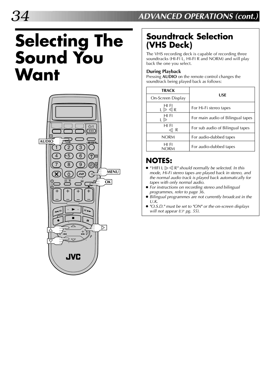 JVC LPT0543-001A, SR-VS20EK setup guide Selecting Sound You Want, Soundtrack Selection VHS Deck, During Playback, Use 