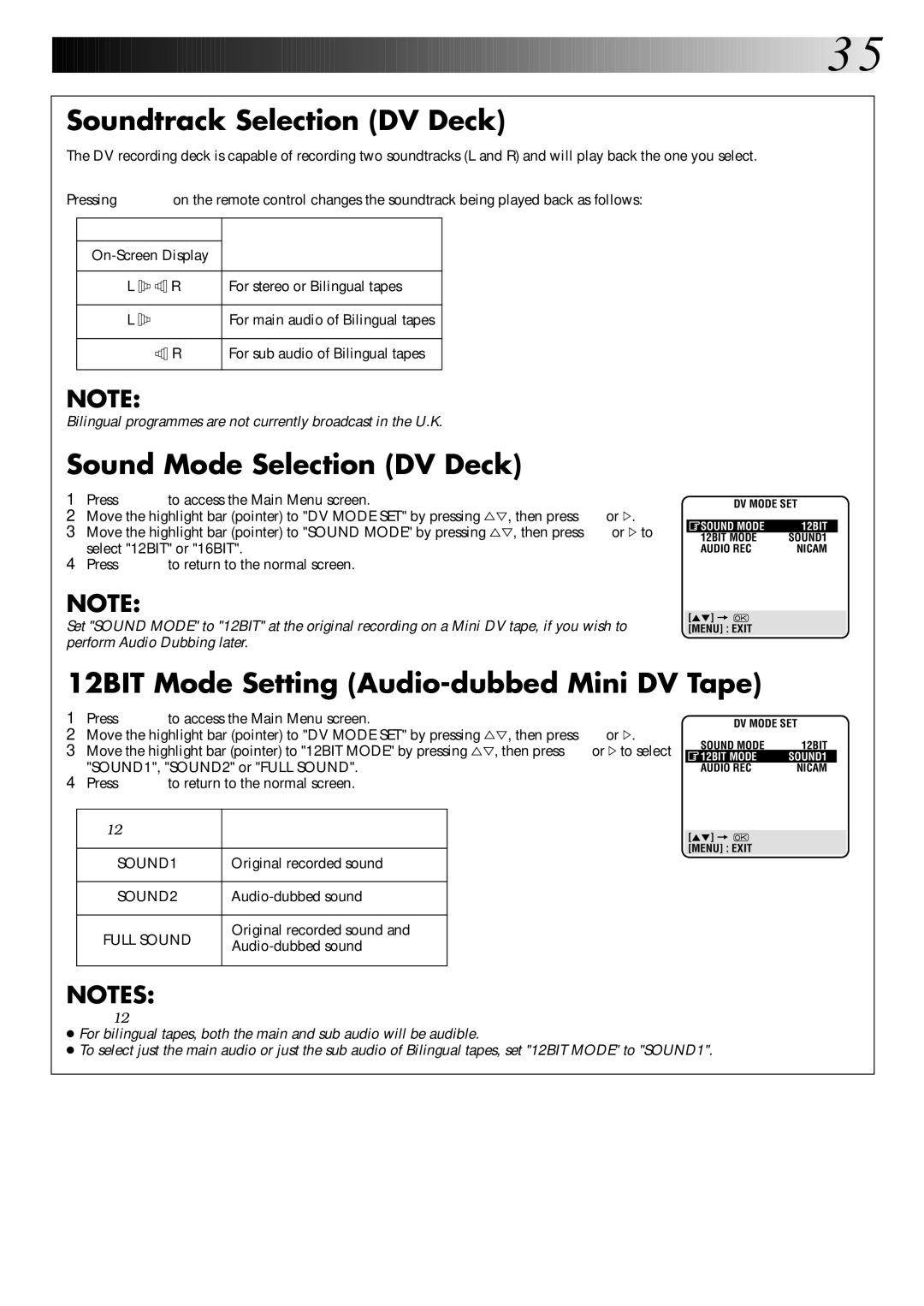 JVC SR-VS20EK Soundtrack Selection DV Deck, 1Sound Mode Selection DV Deck, 12BIT Mode Setting Audio-dubbed Mini DV Tape 