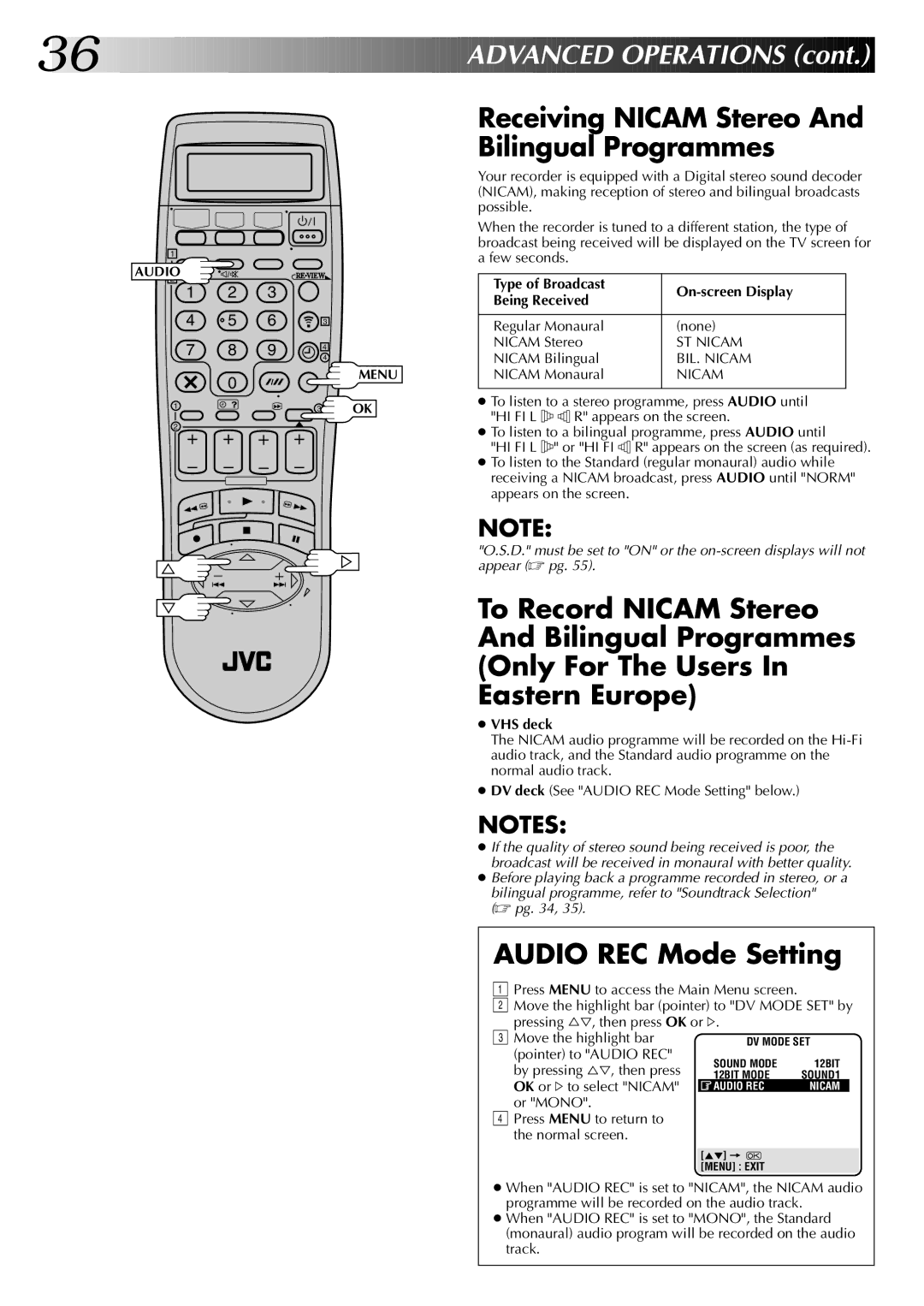 JVC LPT0543-001A Receiving Nicam Stereo And Bilingual Programmes, Type of Broadcast On-screen Display Being Received 