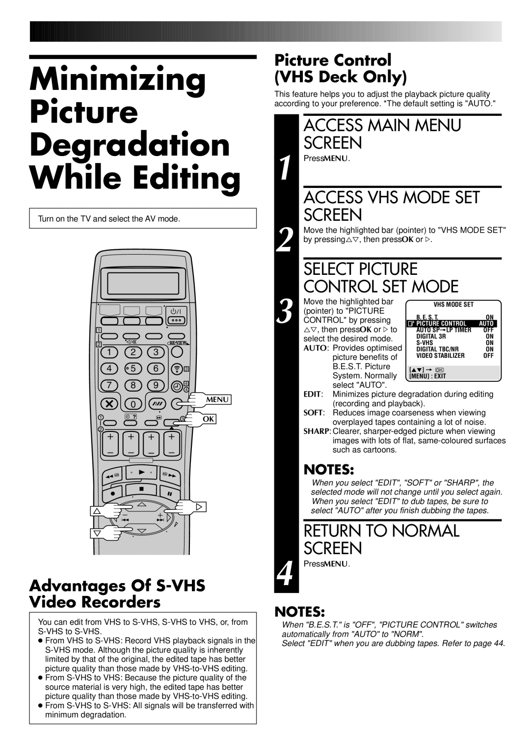 JVC SR-VS20EK Minimizing Picture Degradation While Editing, Select Picture Control SET Mode, Return to Normal Screen 