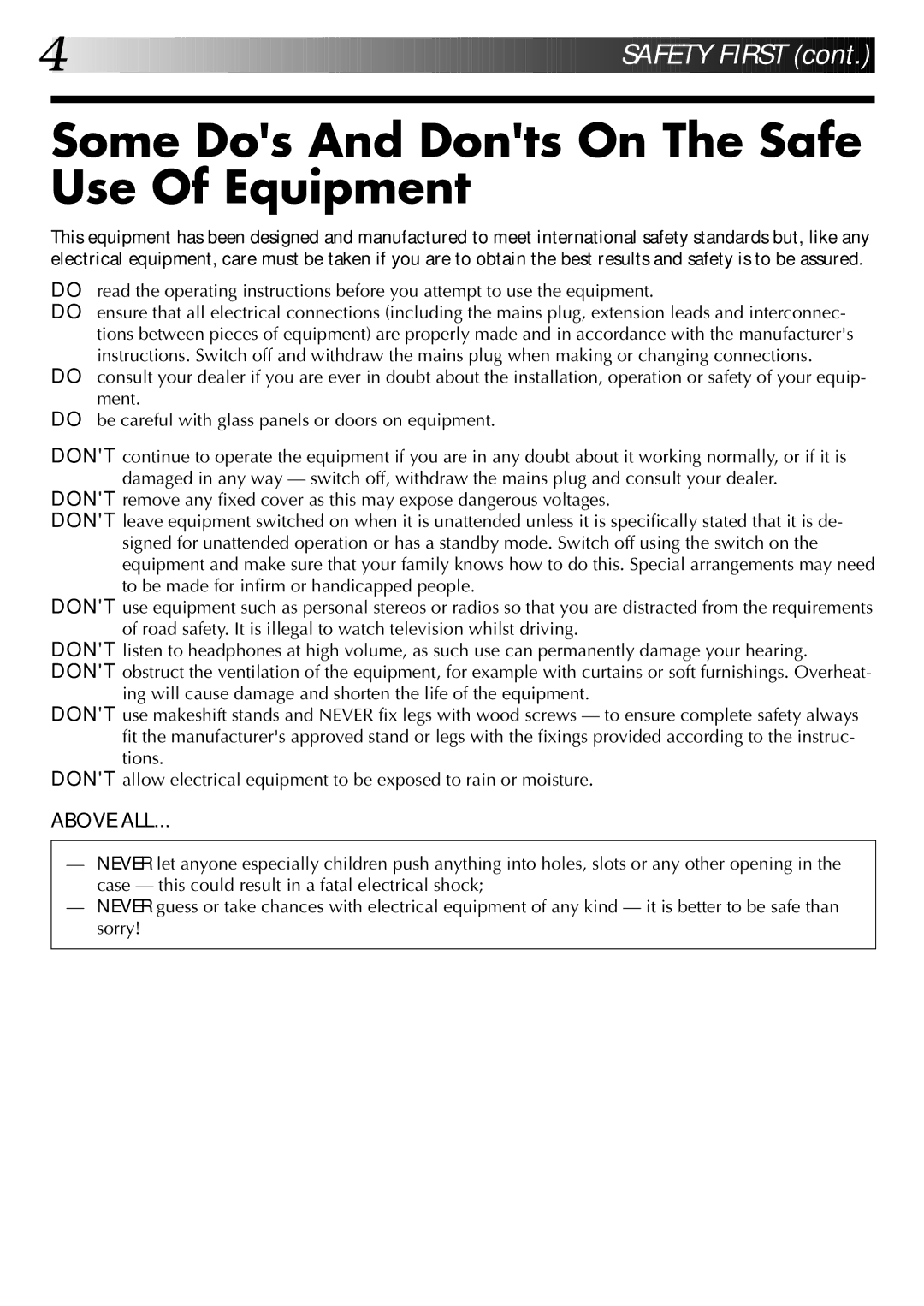 JVC LPT0543-001A, SR-VS20EK setup guide Some Dos And Donts On The Safe Use Of Equipment 