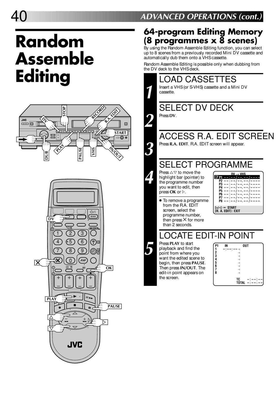 JVC LPT0543-001A, SR-VS20EK setup guide Random Assemble Editing, Program Editing Memory 8 programmes x 8 scenes 