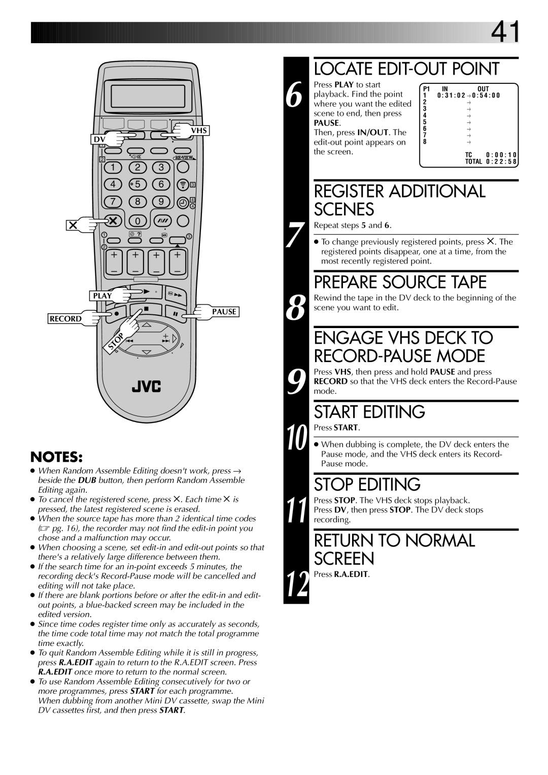 JVC SR-VS20EK, LPT0543-001A setup guide Scenes, Engage VHS Deck to, Pause, Press R.A.EDIT 