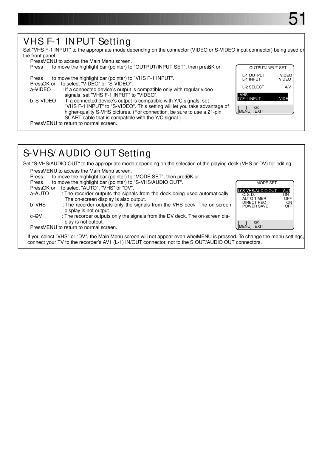 JVC SR-VS20EK, LPT0543-001A setup guide VHS F-1 Input Setting, VHS/AUDIO OUT Setting 