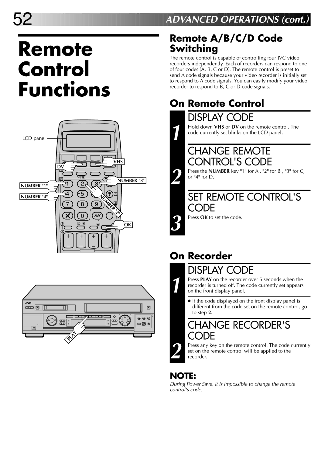 JVC LPT0543-001A, SR-VS20EK Remote Control Functions, Display Code, Change Remote Controls Code, SET Remote Controls Code 