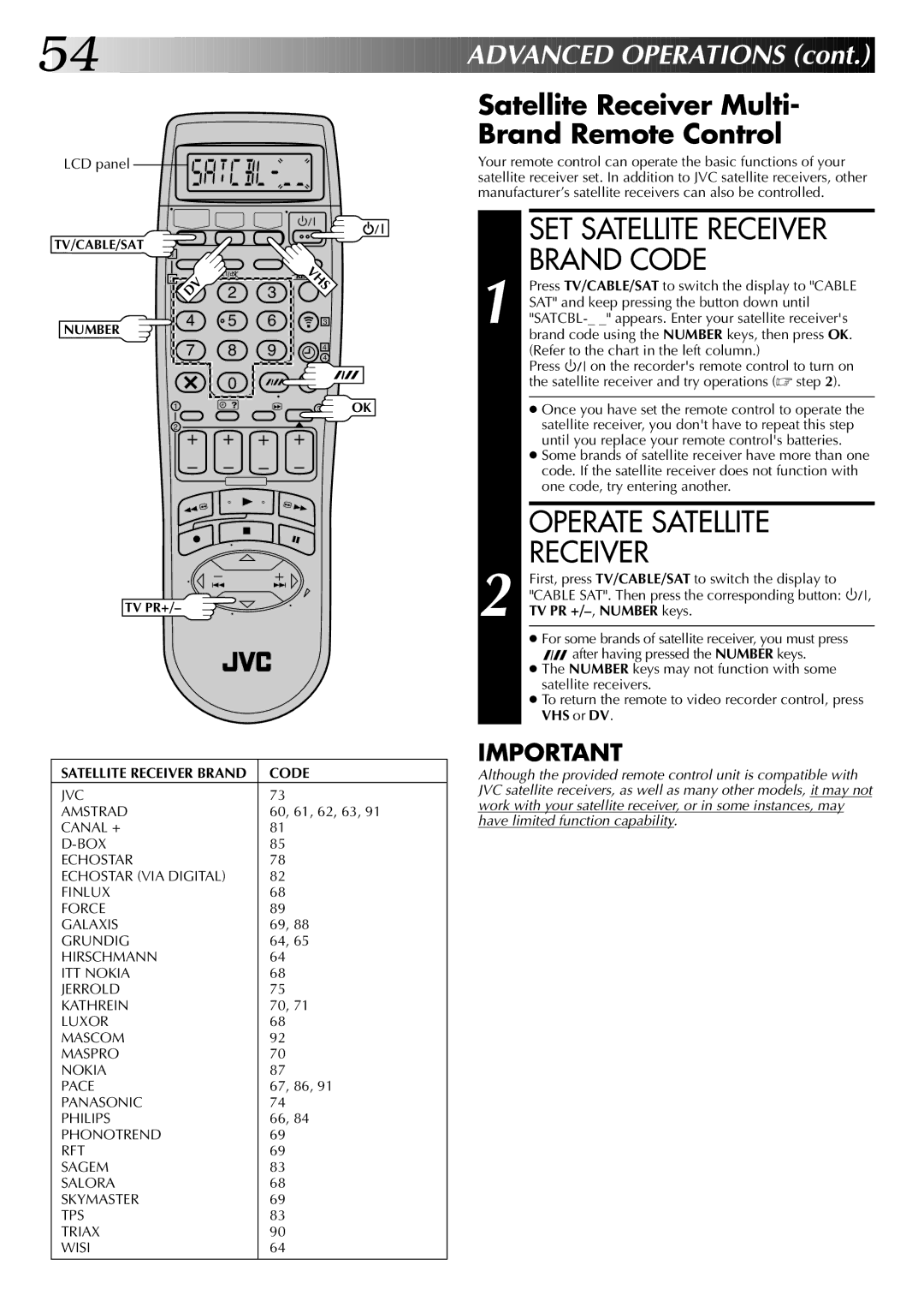 JVC LPT0543-001A, SR-VS20EK Brand Code, Operate Satellite Receiver, Satellite Receiver Multi Brand Remote Control 