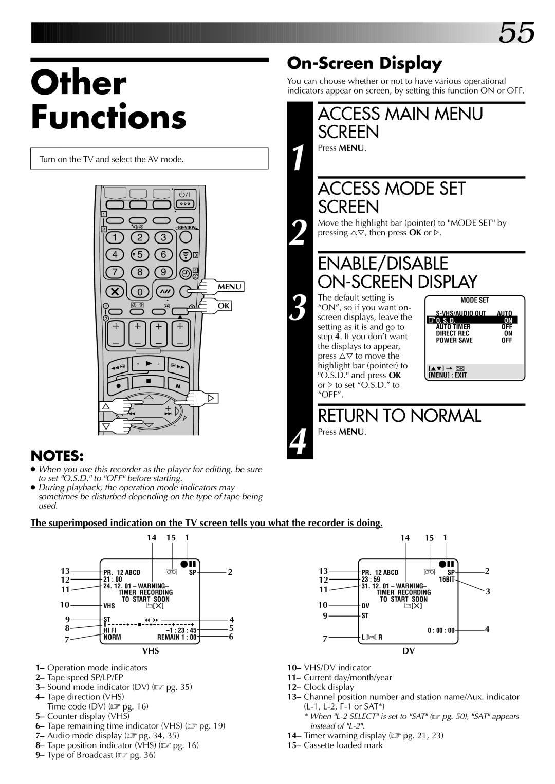 JVC SR-VS20EK setup guide Other Functions, Access Mode SET Screen, ENABLE/DISABLE ON-SCREEN Display, On-Screen Display, Vhs 