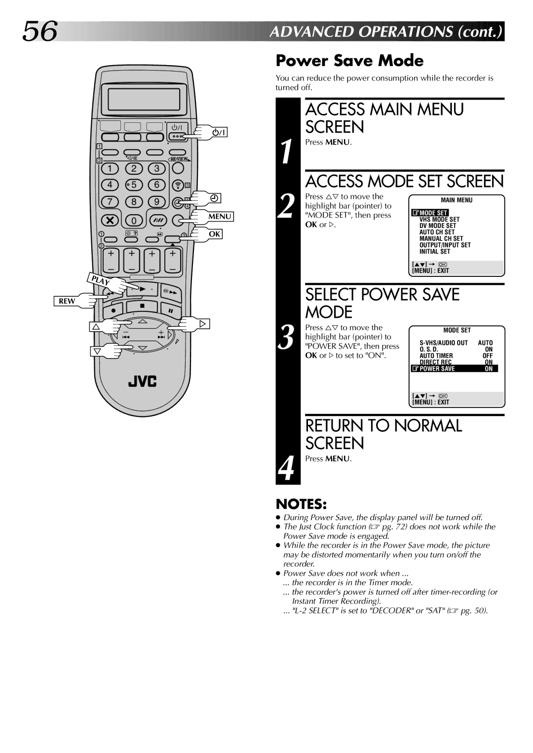 JVC LPT0543-001A, SR-VS20EK setup guide Power Save Mode, Power SAVE, then press, OK or To set to on 