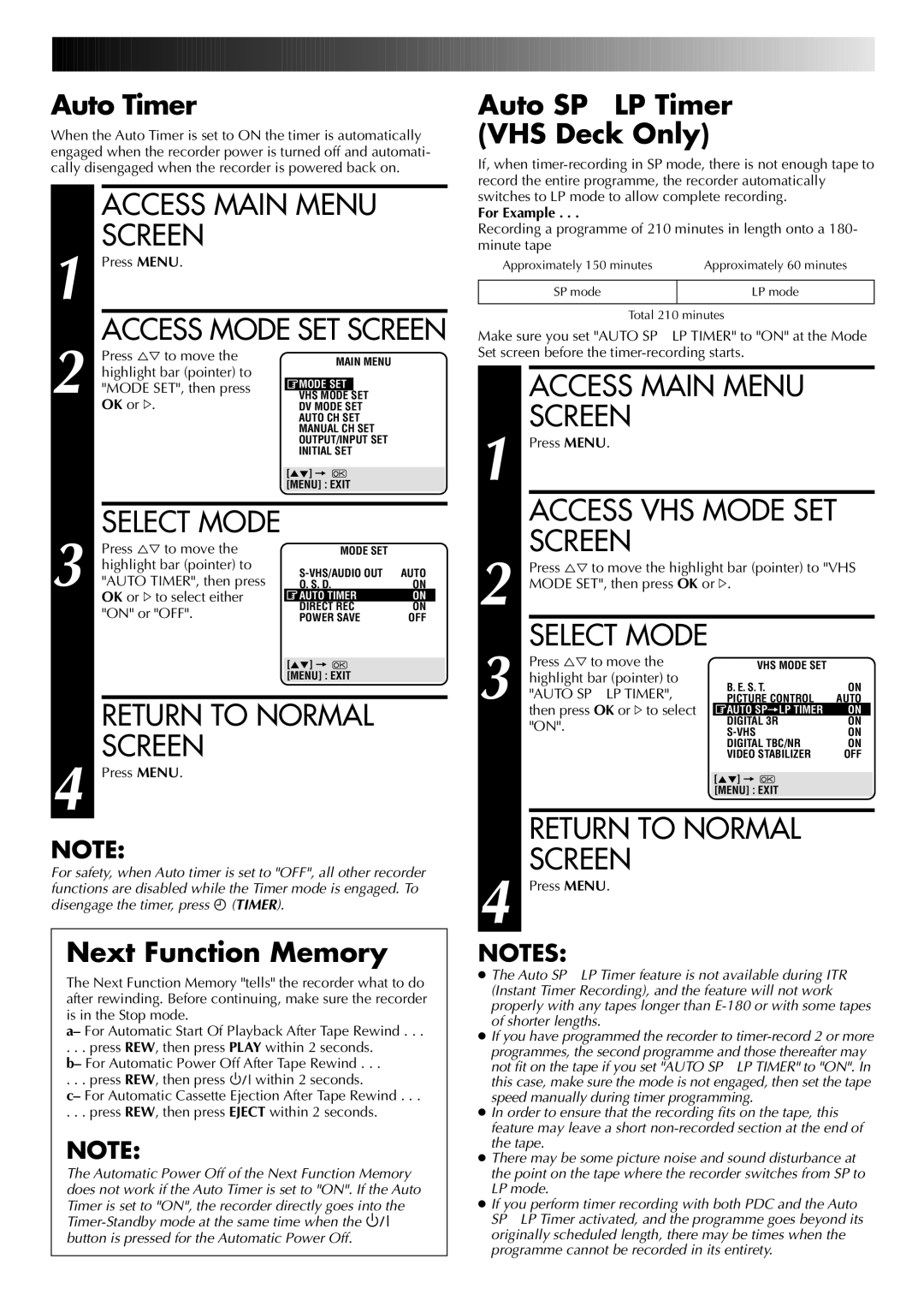 JVC SR-VS20EK, LPT0543-001A setup guide Auto Timer, Next Function Memory, Auto SP→LP Timer VHS Deck Only 