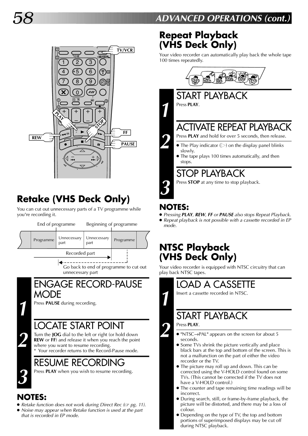 JVC LPT0543-001A Resume Recording, Repeat Playback VHS Deck Only, Retake VHS Deck Only, Ntsc Playback VHS Deck Only 