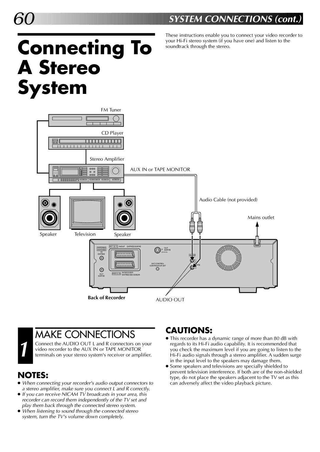 JVC LPT0543-001A, SR-VS20EK setup guide Connecting To Stereo System, Audio Cable not provided Mains outlet 