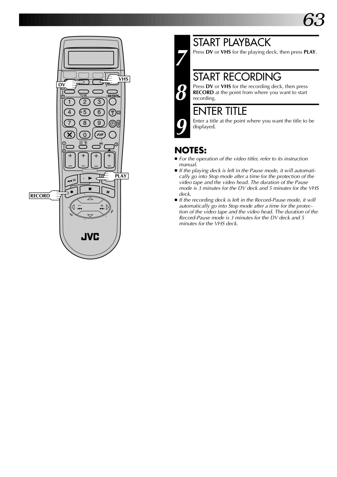 JVC SR-VS20EK, LPT0543-001A setup guide Enter Title, Press DV or VHS for the playing deck, then press Play 