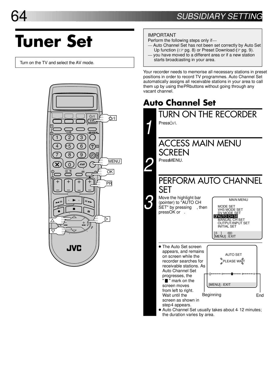 JVC LPT0543-001A, SR-VS20EK setup guide Tuner Set, Perform Auto Channel SET, Auto Channel Set, Pointer to Auto CH 