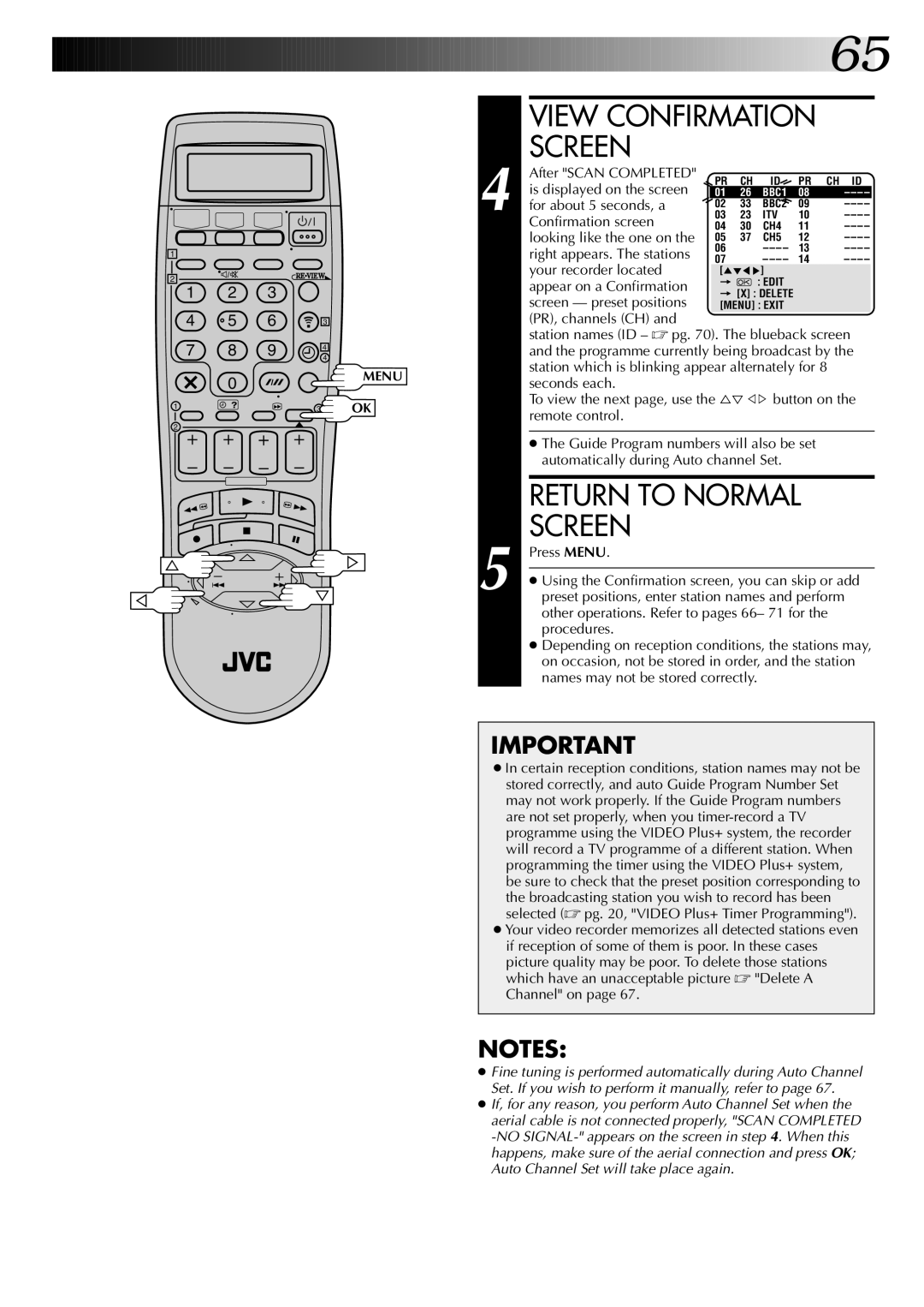 JVC SR-VS20EK After Scan Completed, Is displayed on the screen, For about 5 seconds, a, Confirmation screen, Procedures 