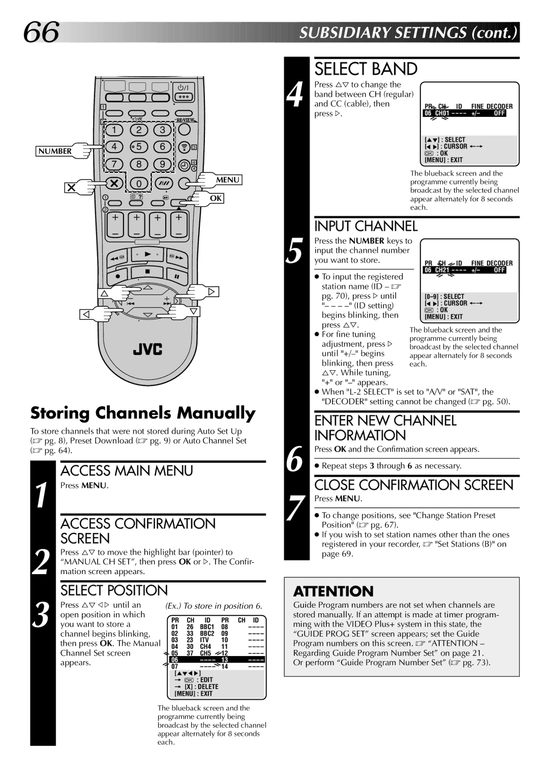 JVC LPT0543-001A, SR-VS20EK setup guide Storing Channels Manually 