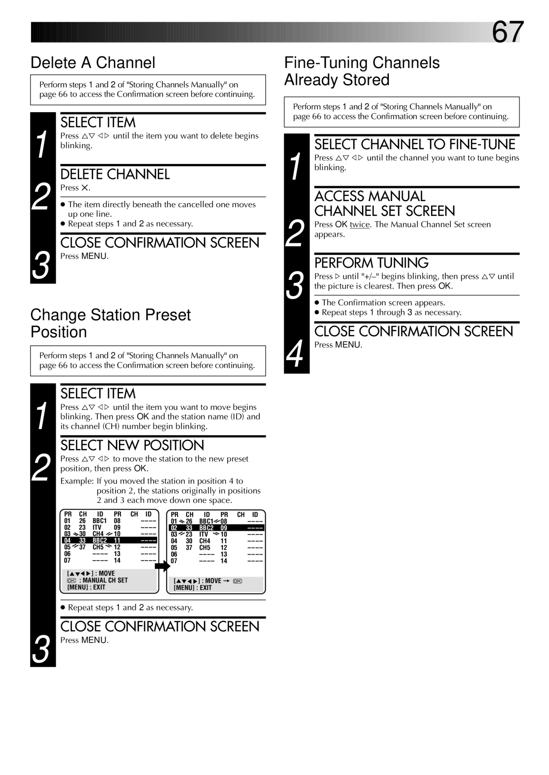 JVC SR-VS20EK, LPT0543-001A Delete a Channel, Change Station Preset Position, Fine-Tuning Channels Already Stored 