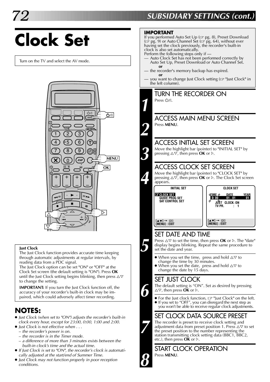 JVC LPT0543-001A, SR-VS20EK setup guide Clock Set, Just Clock 