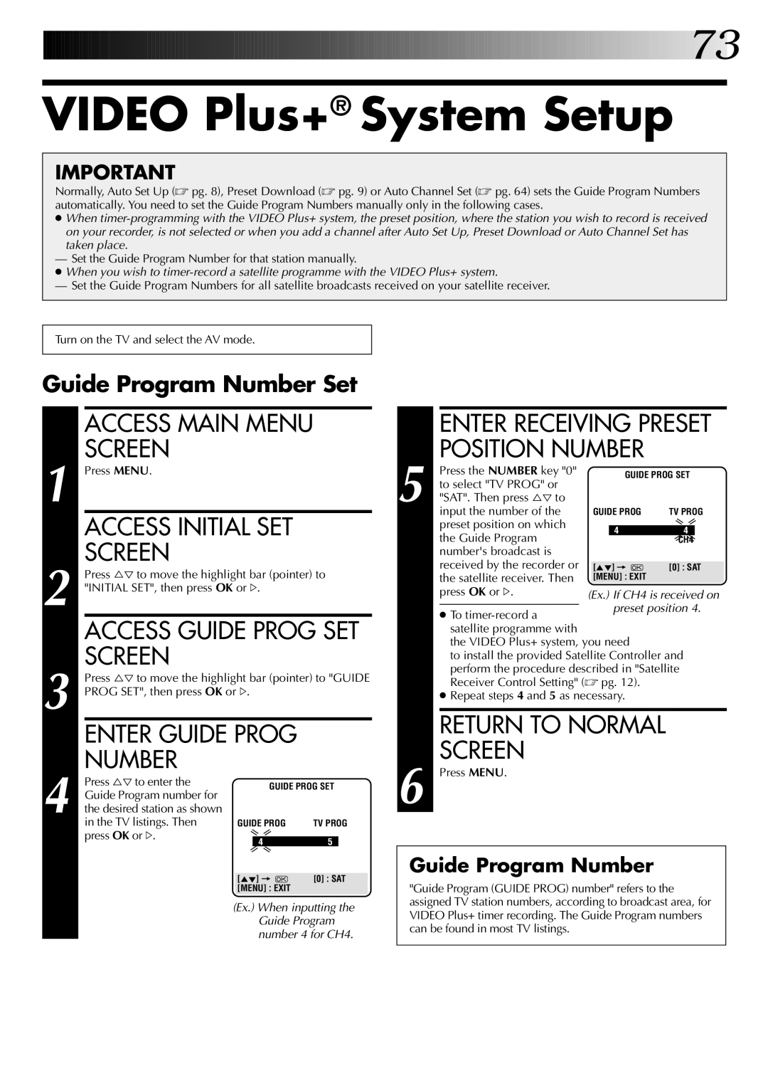 JVC SR-VS20EK, LPT0543-001A setup guide Video Plus+ System Setup, Guide Program Number Set 