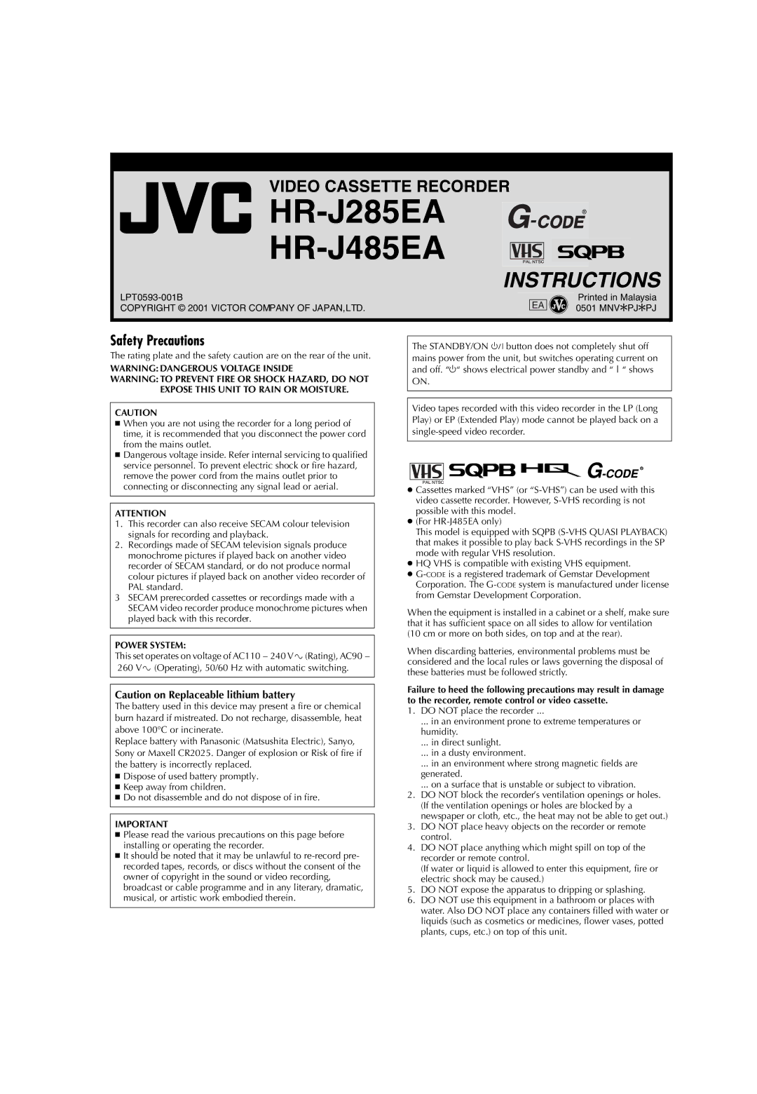 JVC LPT0593-001B manual Safety Precautions, Power System 