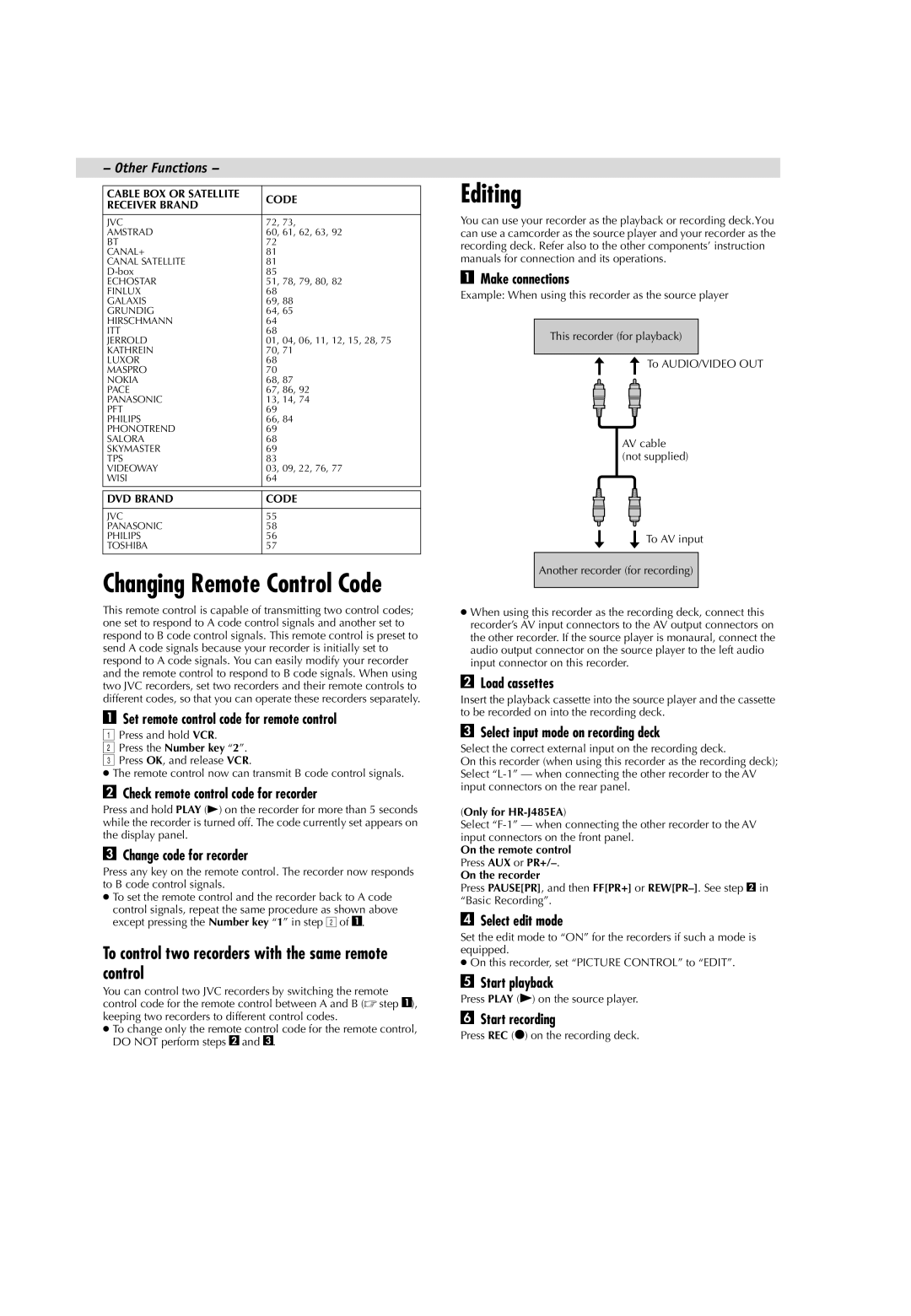 JVC LPT0593-001B manual Editing, To control two recorders with the same remote control 