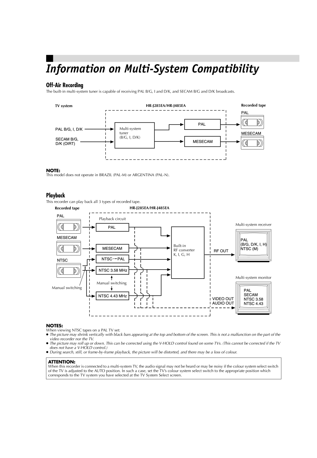 JVC LPT0593-001B Information on Multi-System Compatibility, Off-Air Recording, Playback, TV system HR-J285EA/HR-J485EA 