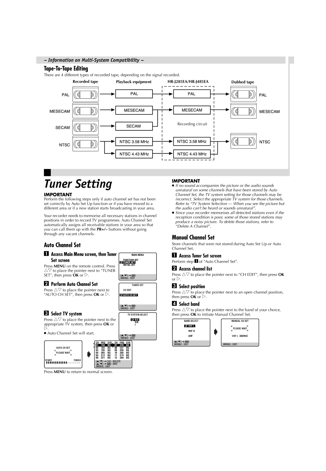 JVC LPT0593-001B manual Tuner Setting, Tape-To-Tape Editing, Manual Channel Set Auto Channel Set 