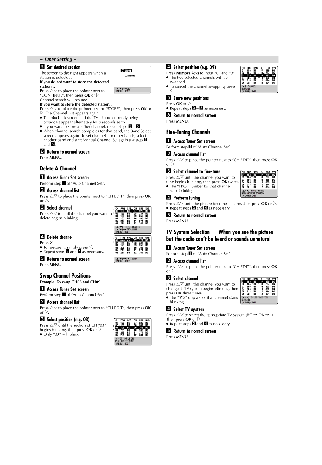 JVC LPT0593-001B manual Delete a Channel, Fine-Tuning Channels, Swap Channel Positions, Tuner Setting 