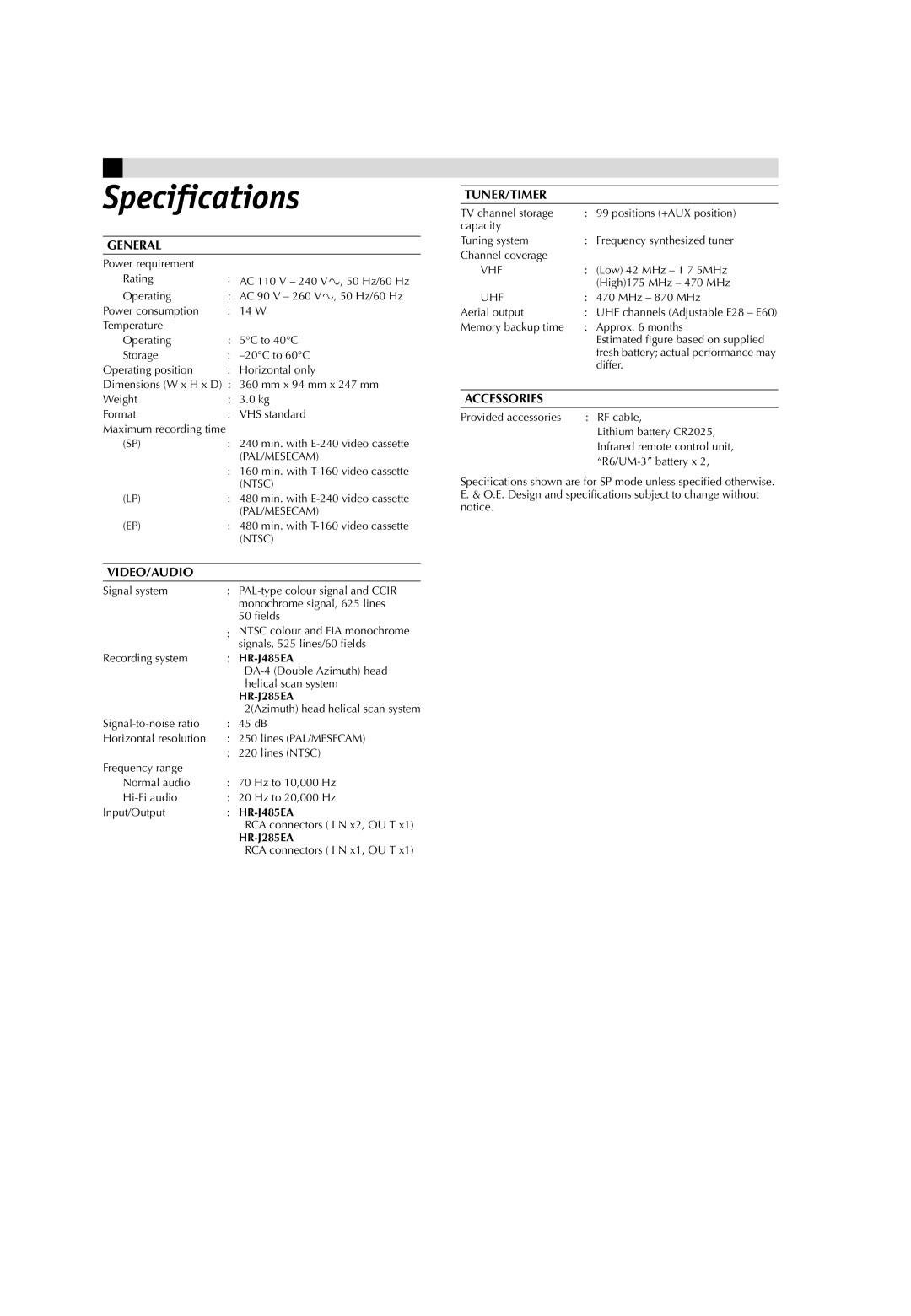 JVC LPT0593-001B manual Specifications, HR-J485EA, HR-J285EA 