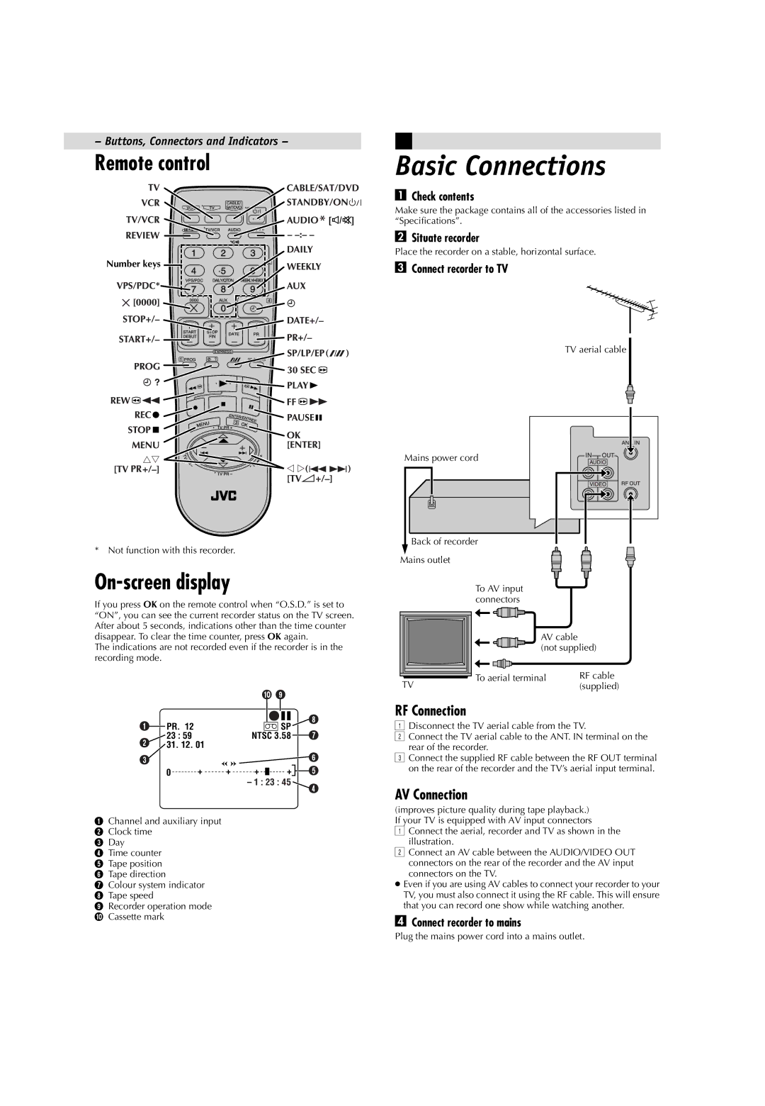 JVC LPT0593-001B manual On-screen display, RF Connection, AV Connection 