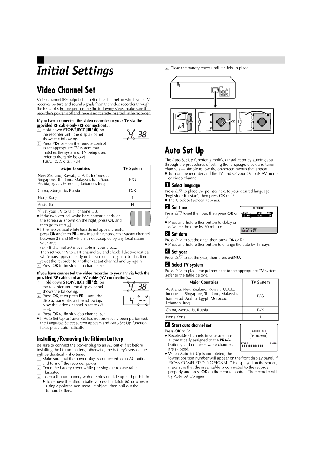 JVC LPT0593-001B manual Initial Settings, Video Channel Set, Auto Set Up, Installing/Removing the lithium battery 