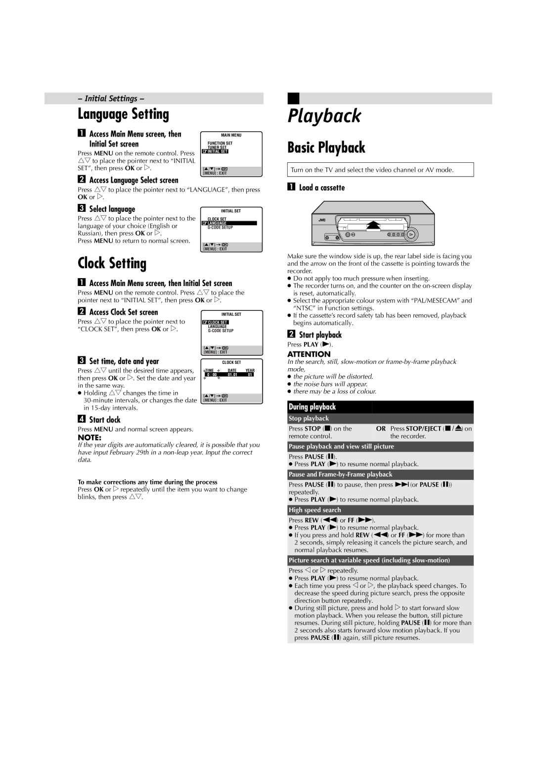 JVC LPT0593-001B manual Basic Playback, Clock Setting, Initial Settings 