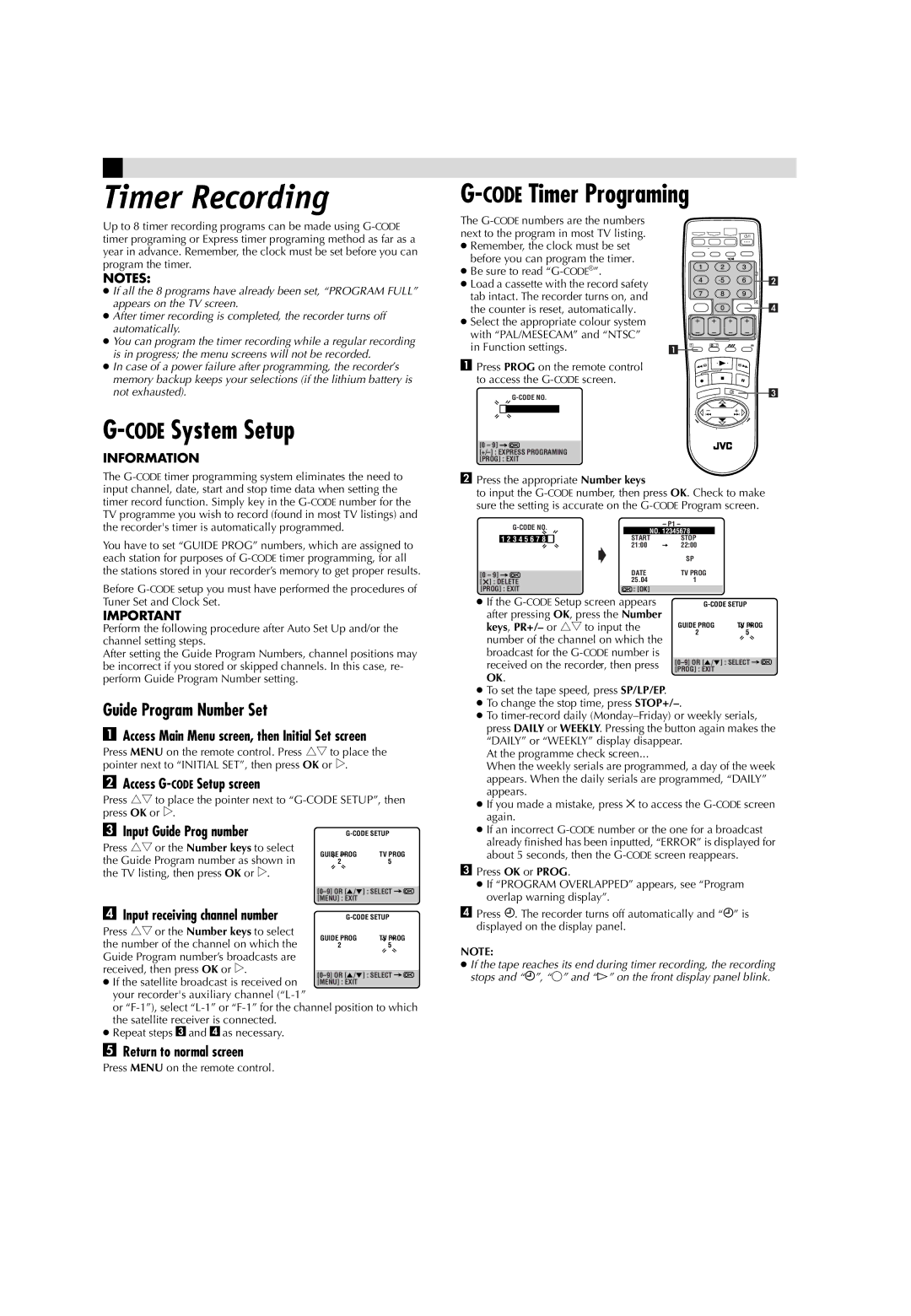 JVC LPT0593-001B manual Timer Recording, CODESystem Setup, CODETimer Programing, Guide Program Number Set 