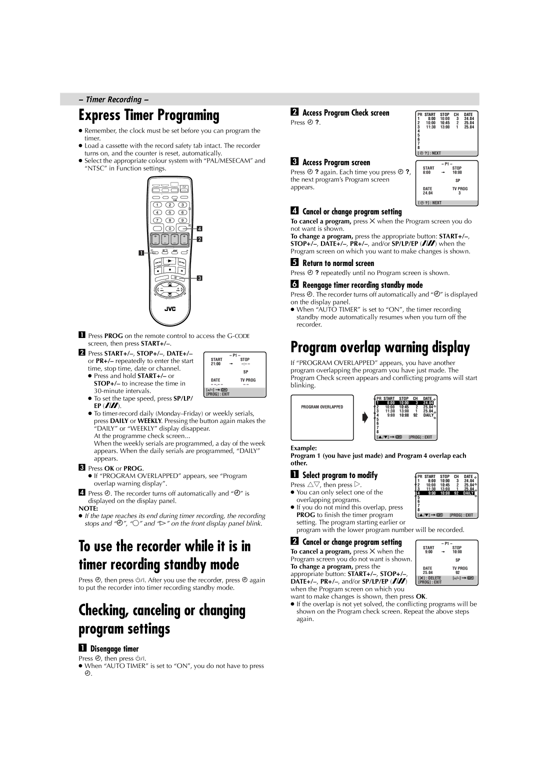 JVC LPT0593-001B manual Express Timer Programing, Timer Recording 