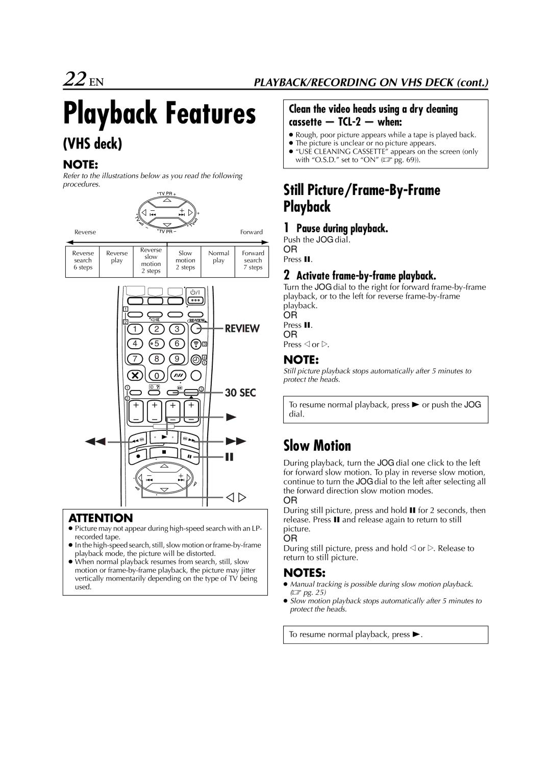 JVC LPT0616-001A specifications 22 EN, Slow Motion, Pause during playback, Activate frame-by-frame playback 