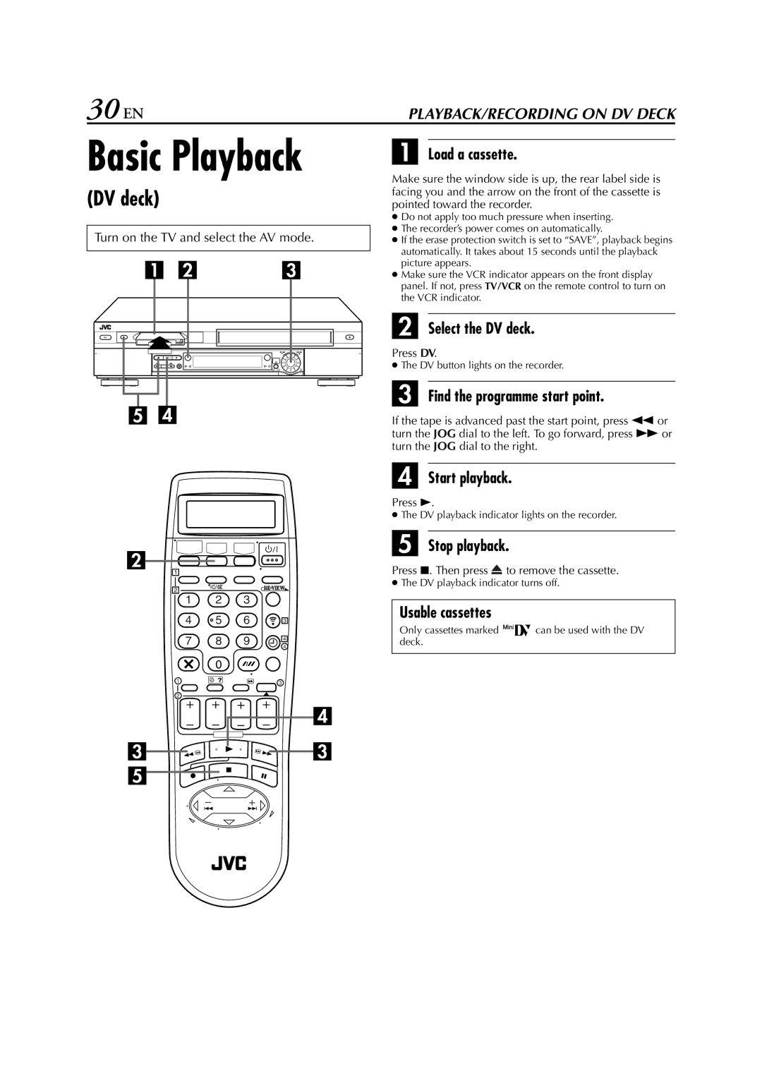 JVC LPT0616-001A specifications 30 EN, Select the DV deck, Press DV, Find the programme start point 