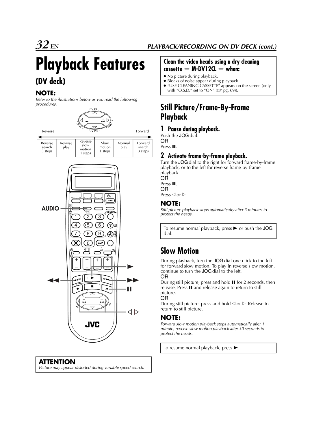 JVC LPT0616-001A specifications 32 EN, Pause during playback 