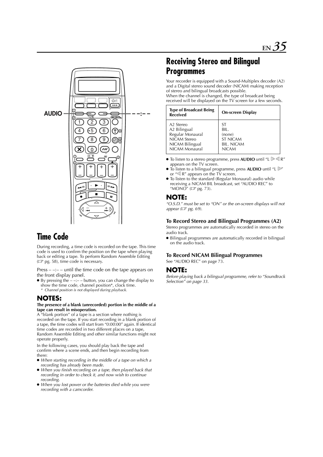 JVC LPT0616-001A specifications Time Code, To Record Nicam Bilingual Programmes 