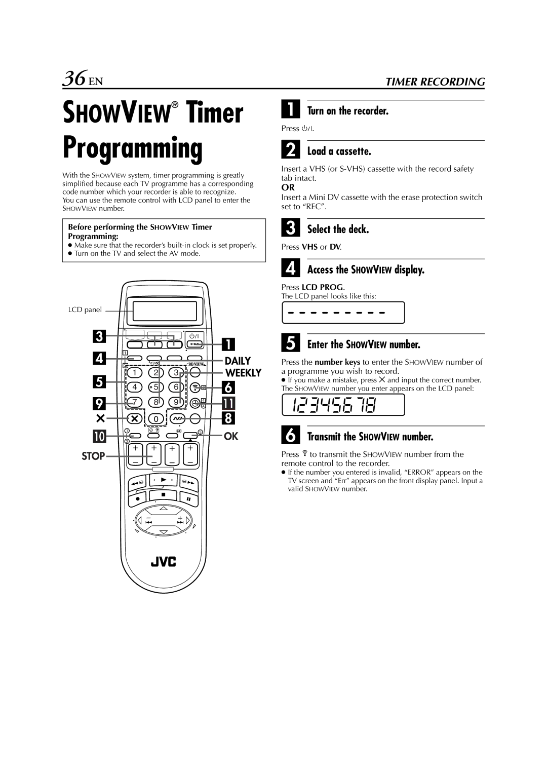 JVC LPT0616-001A specifications 36 EN, Select the deck, Access the Showview display, Enter the Showview number 