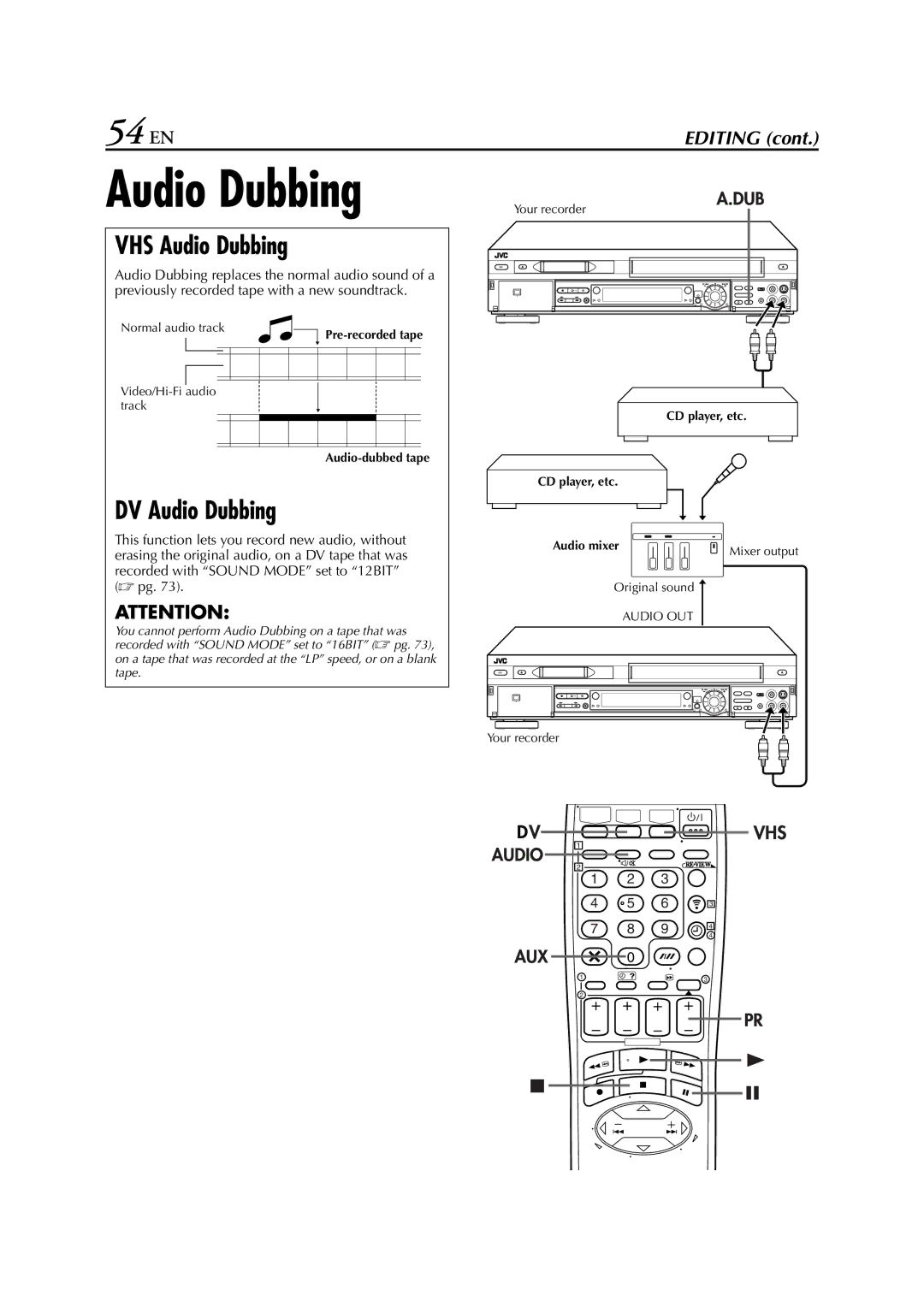 JVC LPT0616-001A specifications 54 EN, VHS Audio Dubbing, DV Audio Dubbing 